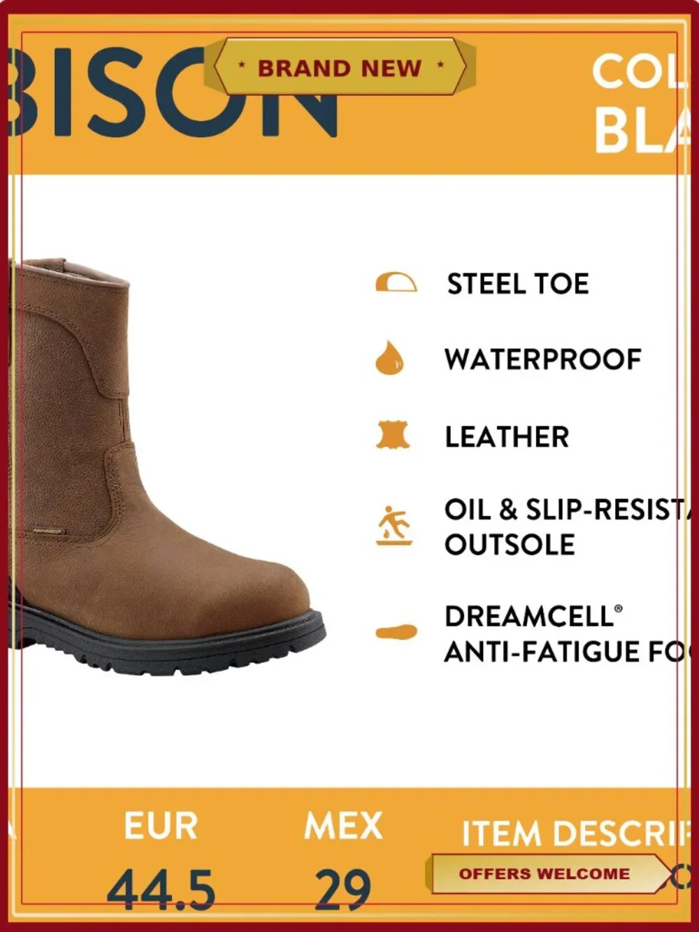 Men's Steel Toe Waterproof Pull On Work Boots Full Grain Leather